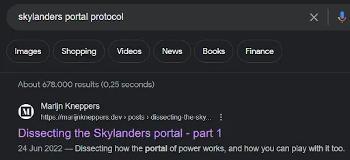 The results when entering "Skylanders portal protocol" into google - my website is the first result